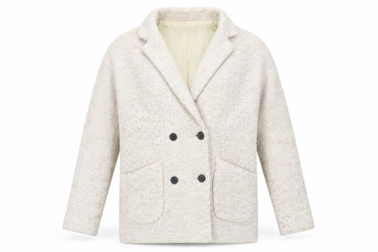 Front view of MKT Studio unisex beige herringbone blazer jacket wool blend, size 36