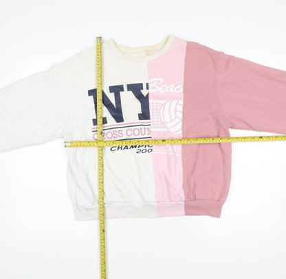 Hollister Womens Sweatshirt M Pink White Colourblock Crew Neck Pullover