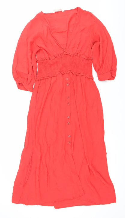 Zara Women Red XS Shirt Dress Knee Length 3/4 Sleeve Viscose