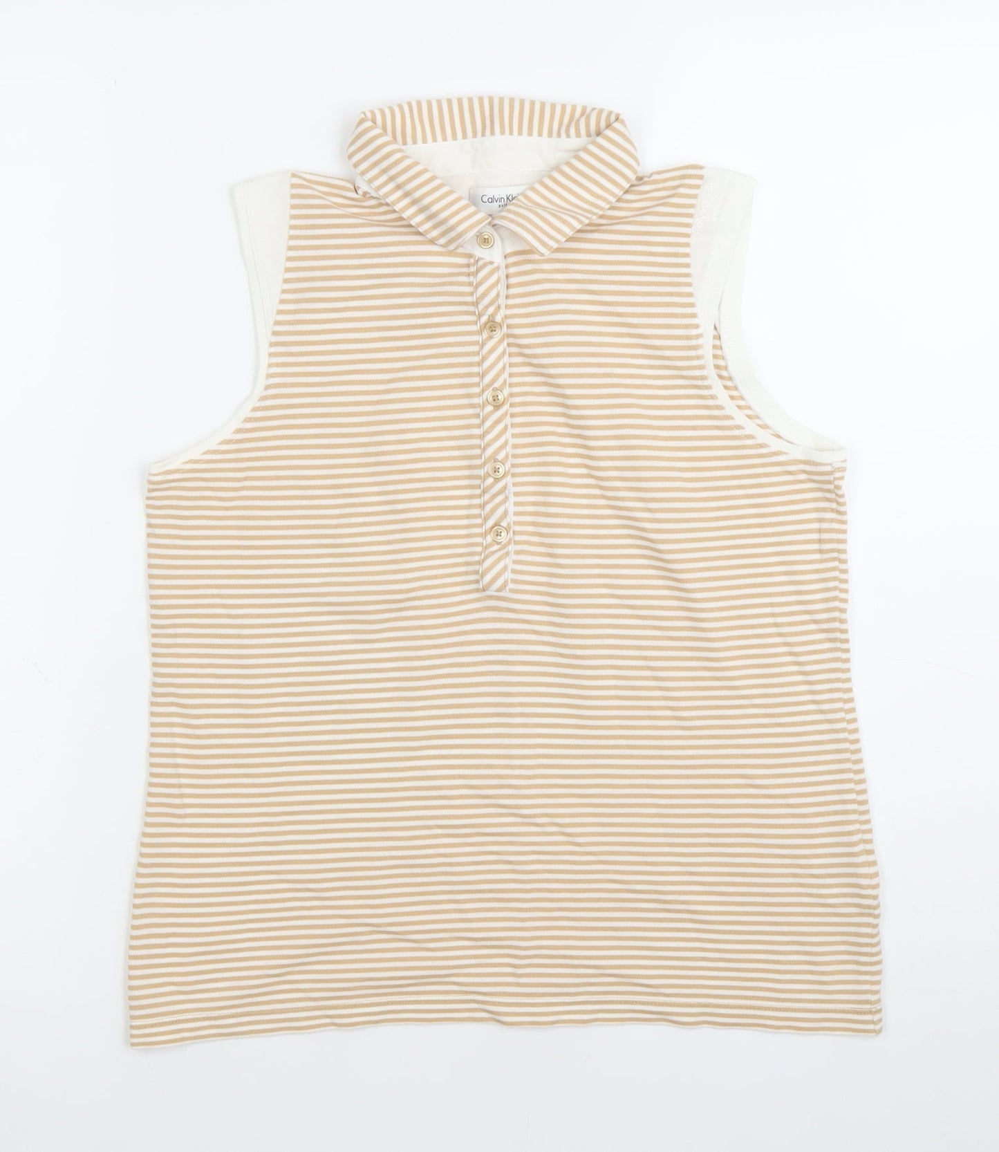 Calvin Klein Women’s Beige Striped Sleeveless Polo Shirt M
