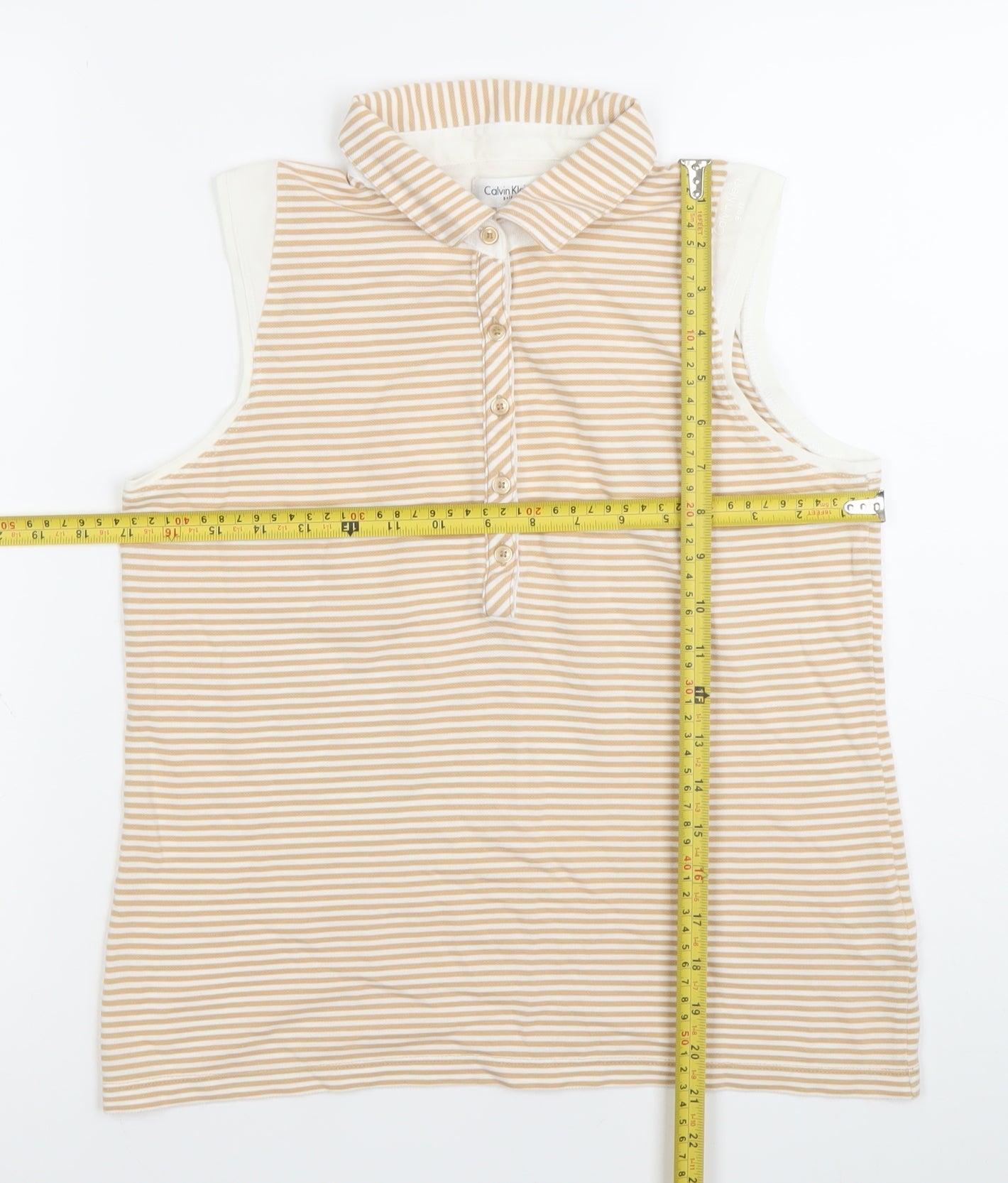 Calvin Klein Women’s Beige Striped Sleeveless Polo Shirt M