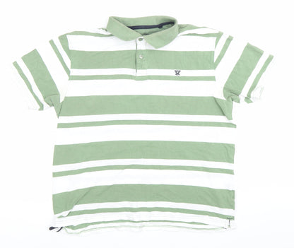 James Pringle Men's Green White Striped Cotton Polo Shirt Medium