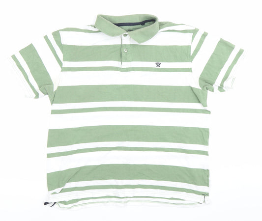 James Pringle Men's Green White Striped Cotton Polo Shirt Medium