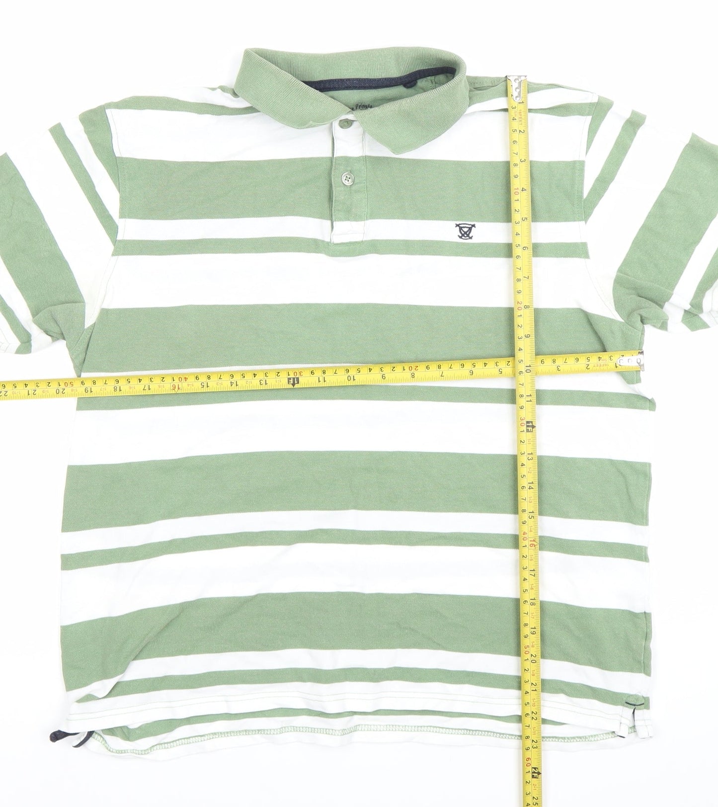 James Pringle Men's Green White Striped Cotton Polo Shirt Medium