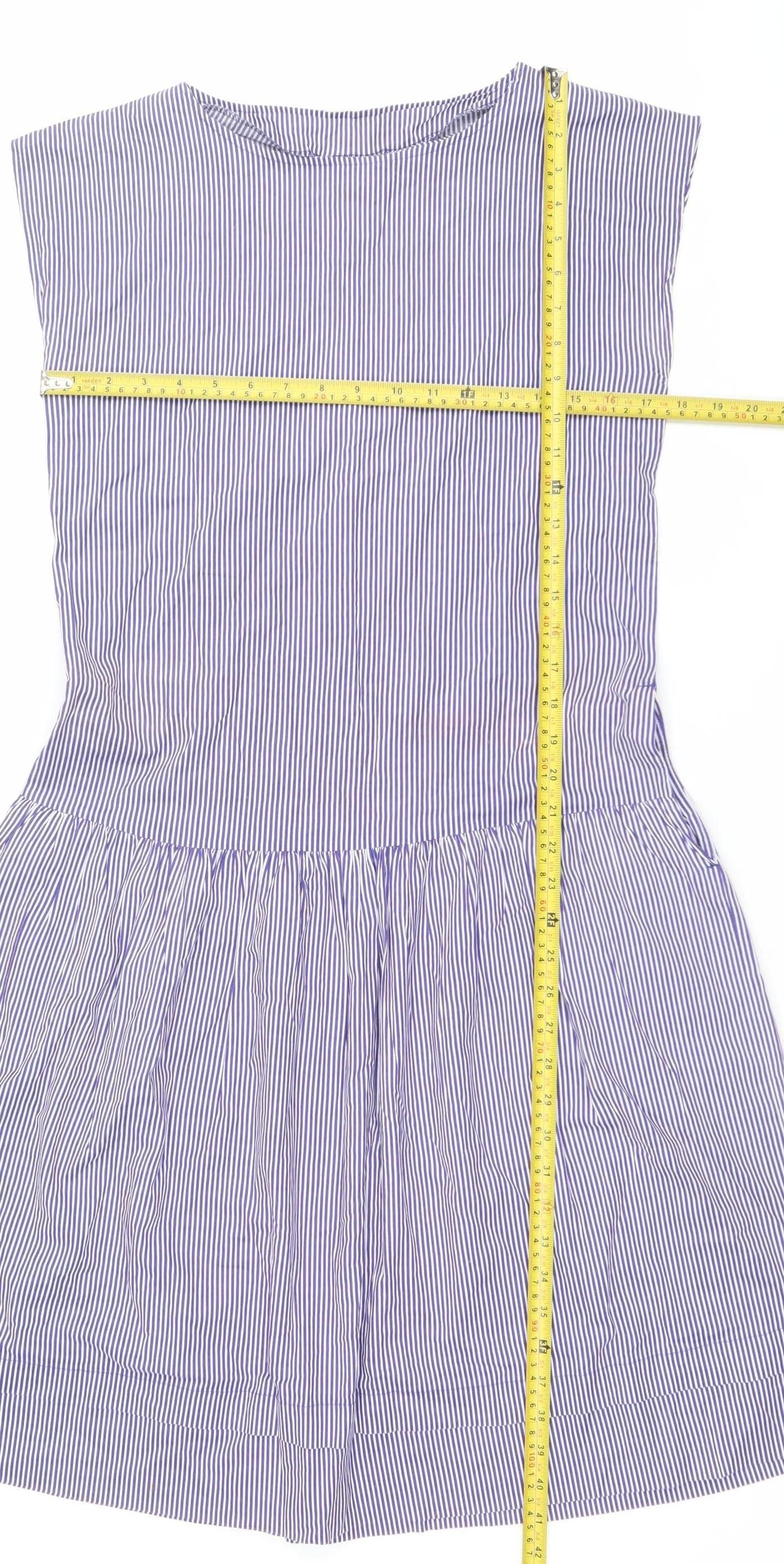 Laura Ashley Womens Blue Striped A-Line Cotton Sleeveless Dress M