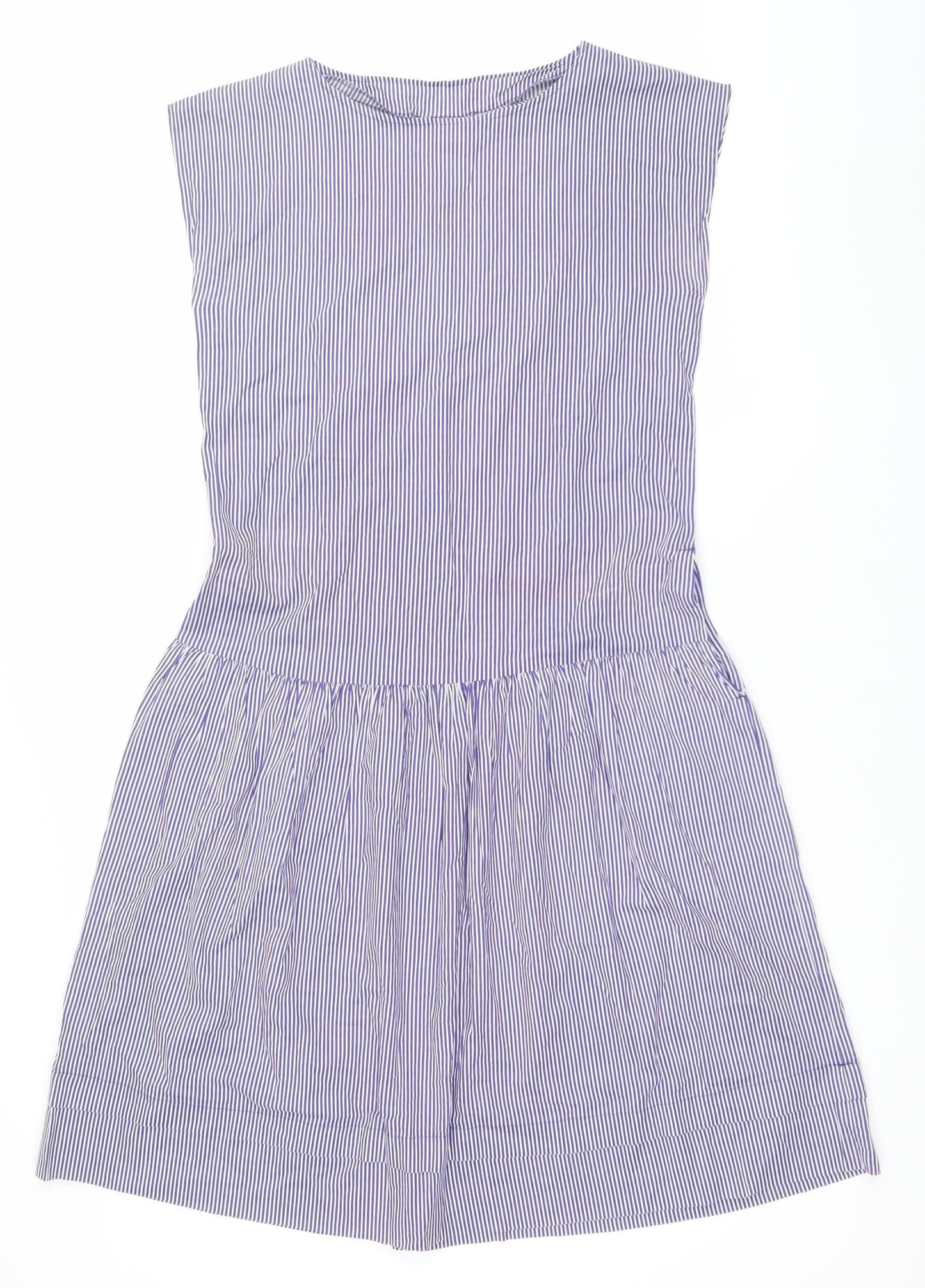 Laura Ashley Womens Blue Striped A-Line Cotton Sleeveless Dress M