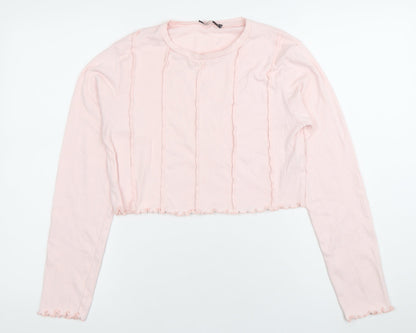 Nasty Gal Women Pink Cropped Long Sleeve Cotton T-Shirt Size 14