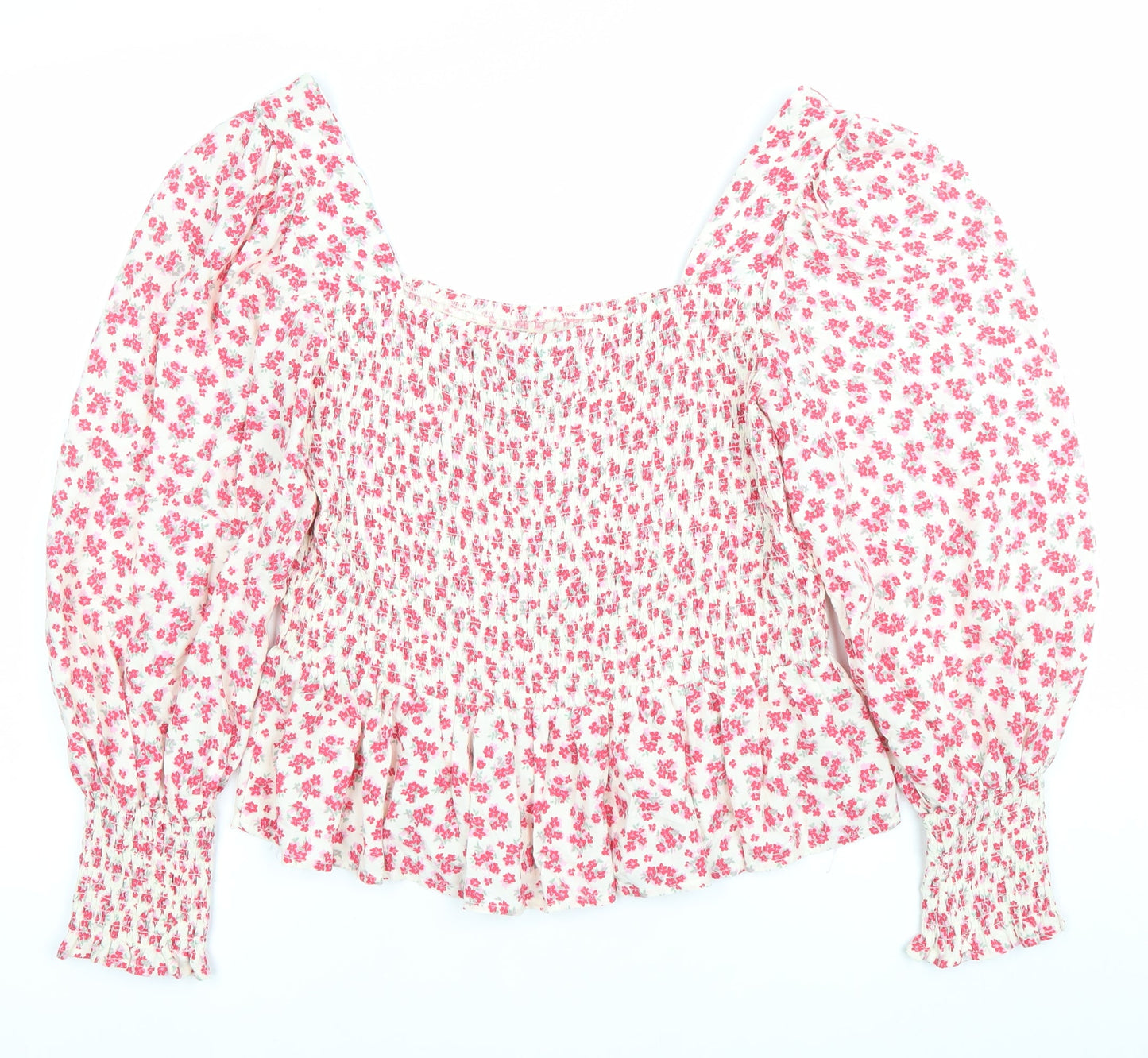 New Look Women’s White Floral Blouse UK 12 Square Neck Puff Sleeve