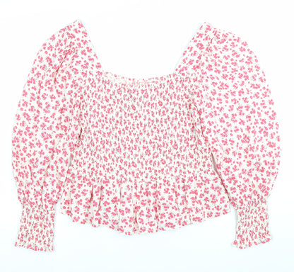 New Look Women’s White Floral Blouse UK 12 Square Neck Puff Sleeve