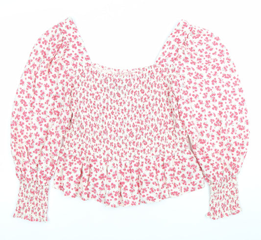 New Look Women’s White Floral Blouse UK 12 Square Neck Puff Sleeve