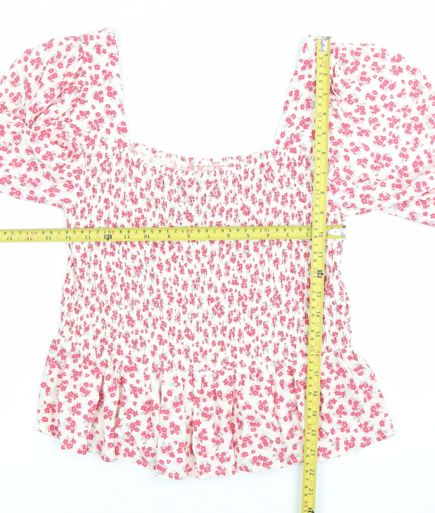 New Look Women’s White Floral Blouse UK 12 Square Neck Puff Sleeve