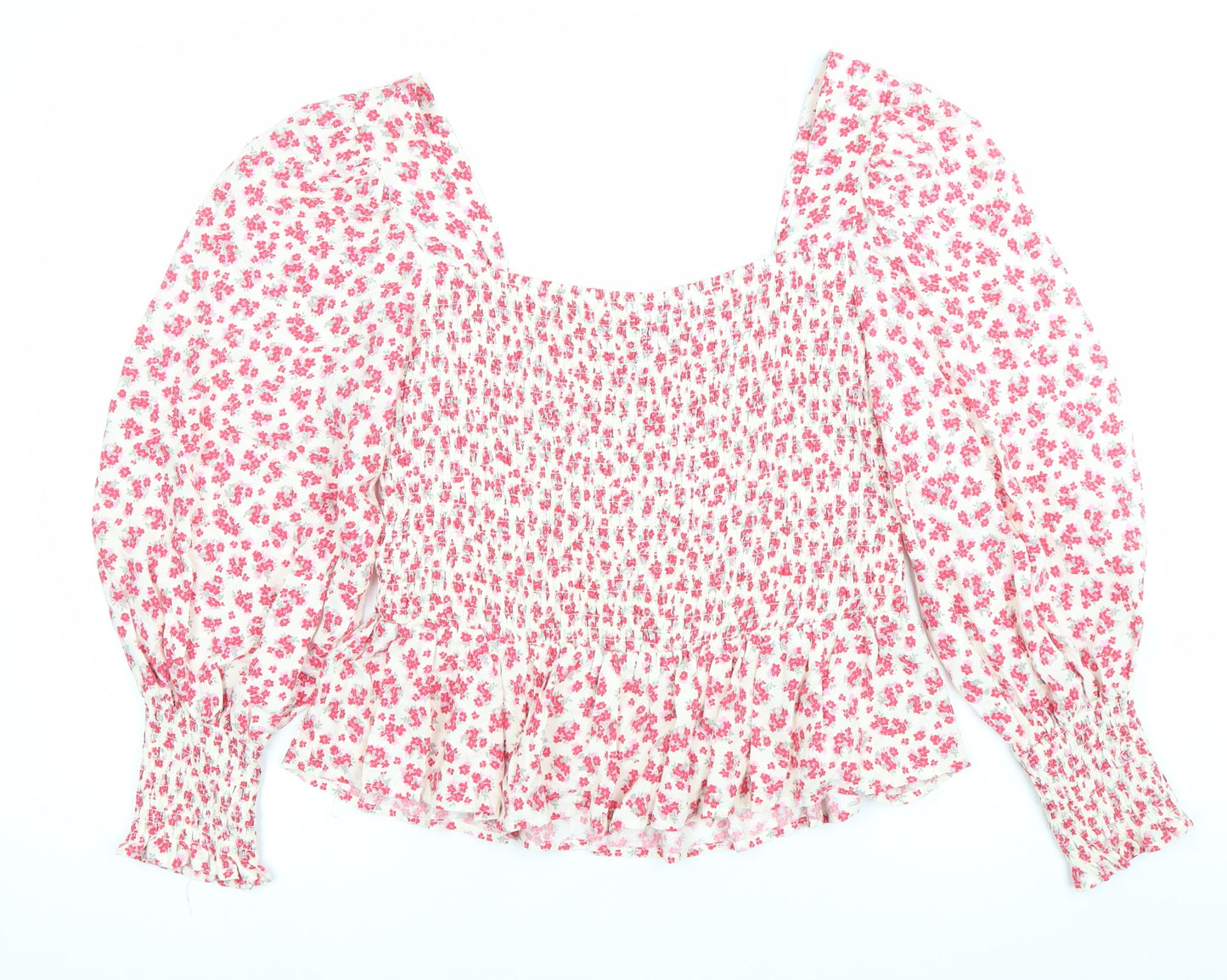 New Look Women’s White Floral Blouse UK 12 Square Neck Puff Sleeve