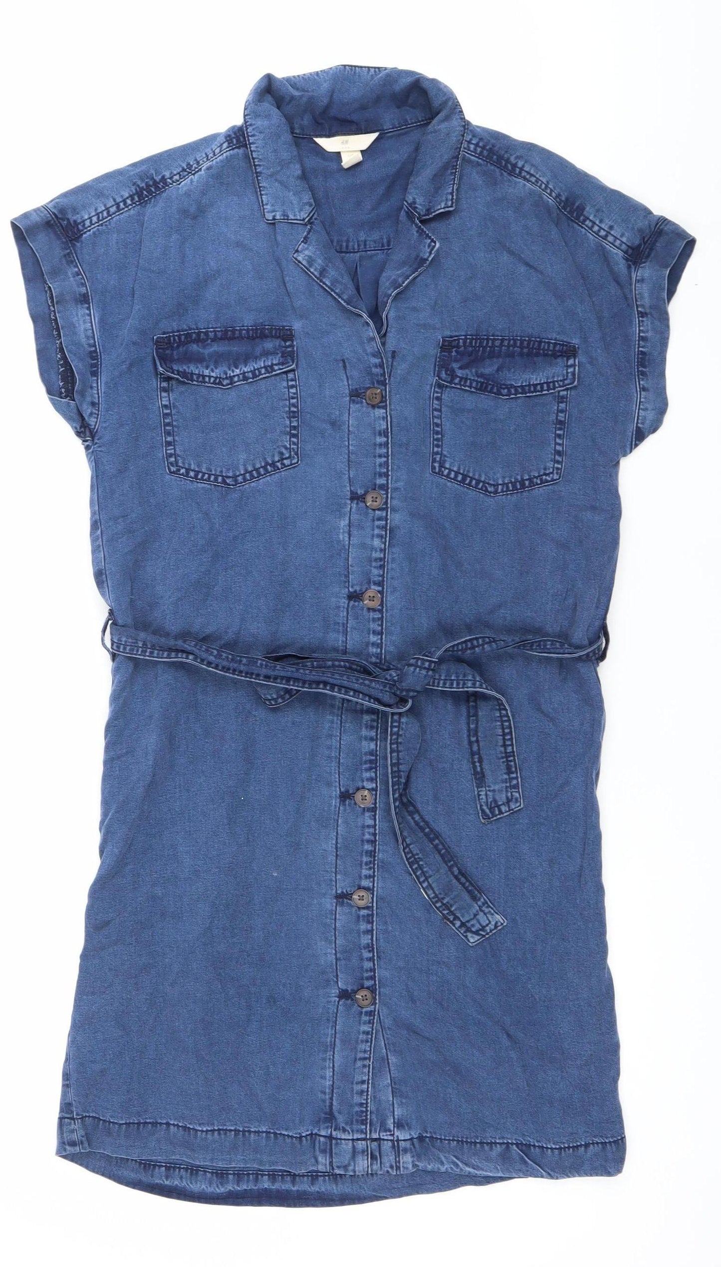 H&M Women’s Blue Shirt Dress UK 8 Short Sleeve Belted Casual Workwear