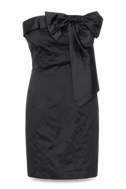 Front view of Atmosphere Women’s Black One Shoulder Bow Sheath Dress, size UK 12