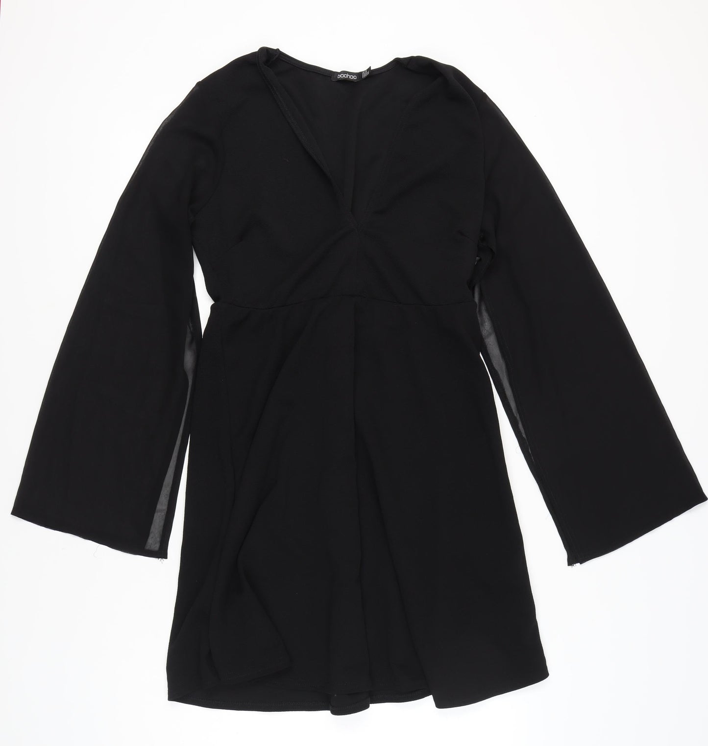 Boohoo Women Black Size 14 A-Line Short Long Sleeve V-Neck Dress