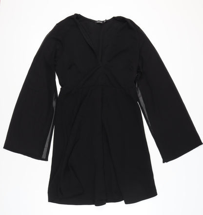 Boohoo Women Black Size 14 A-Line Short Long Sleeve V-Neck Dress