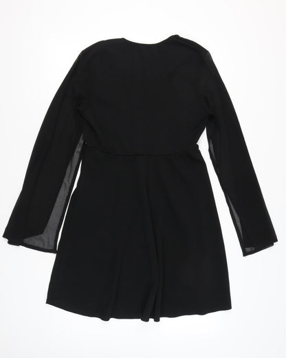 Boohoo Women Black Size 14 A-Line Short Long Sleeve V-Neck Dress