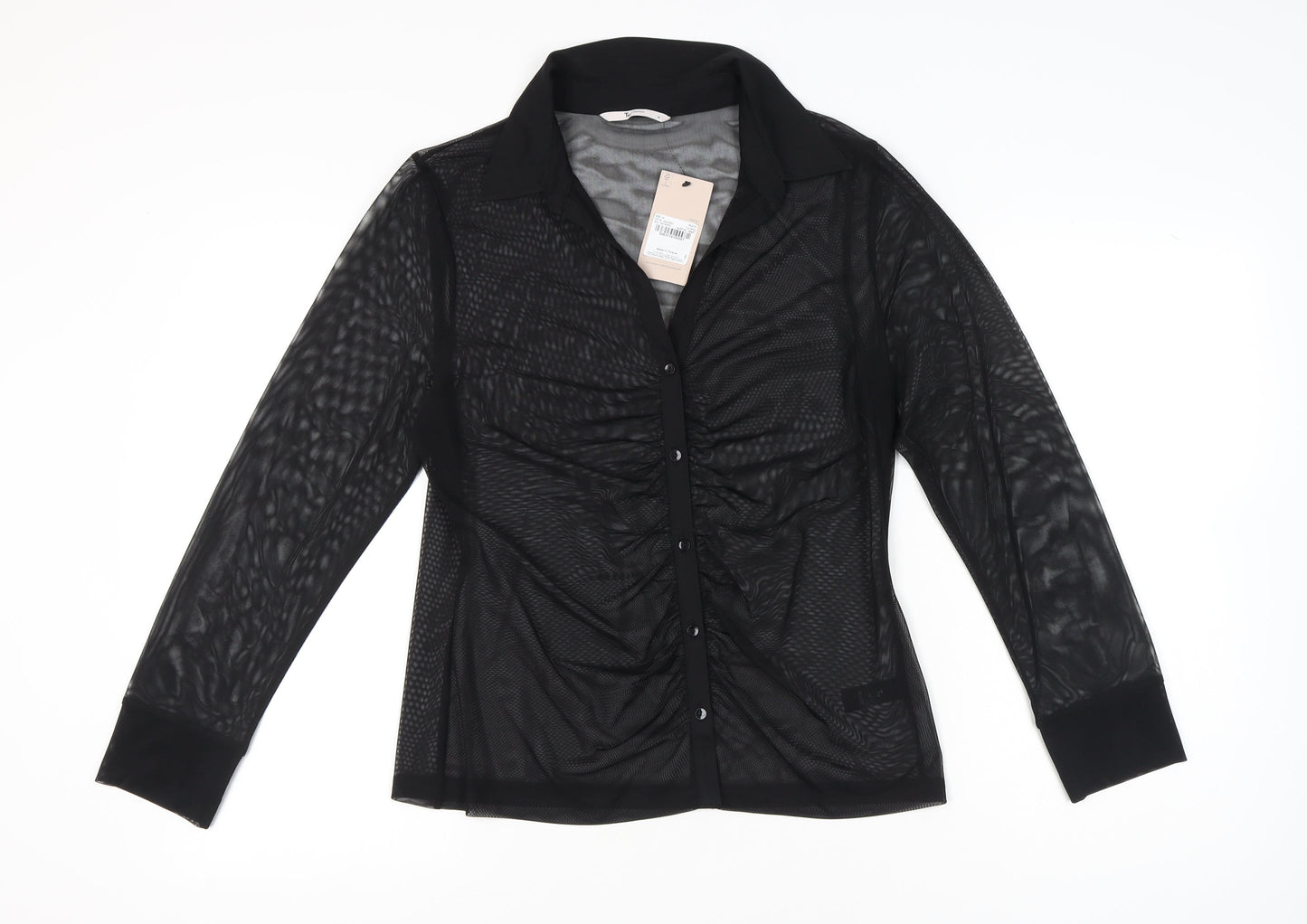 Tu Womens Black Sheer Mesh Blouse Size 14 Long Sleeve Collared