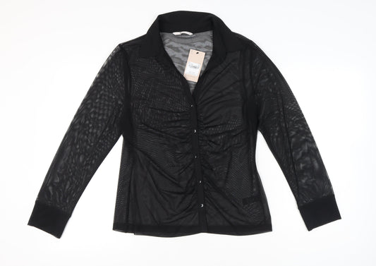 Tu Womens Black Sheer Mesh Blouse Size 14 Long Sleeve Collared