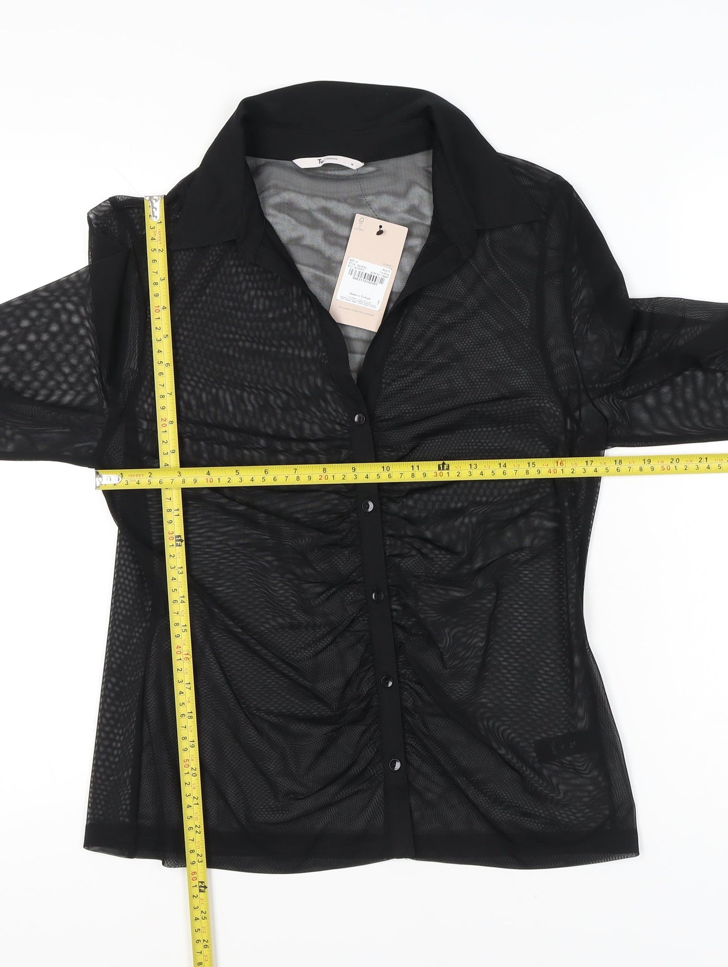Tu Womens Black Sheer Mesh Blouse Size 14 Long Sleeve Collared