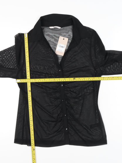 Tu Womens Black Sheer Mesh Blouse Size 14 Long Sleeve Collared