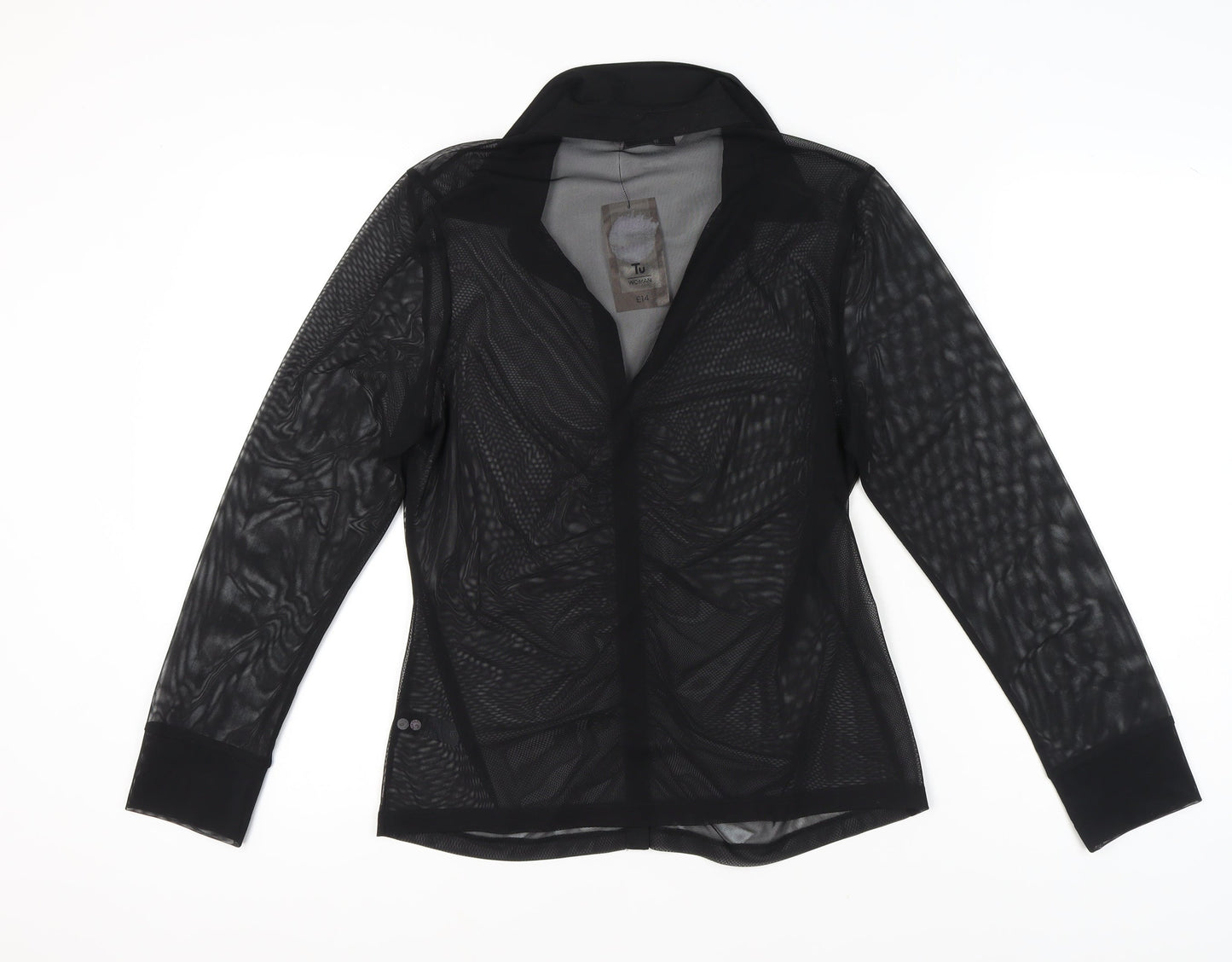 Tu Womens Black Sheer Mesh Blouse Size 14 Long Sleeve Collared