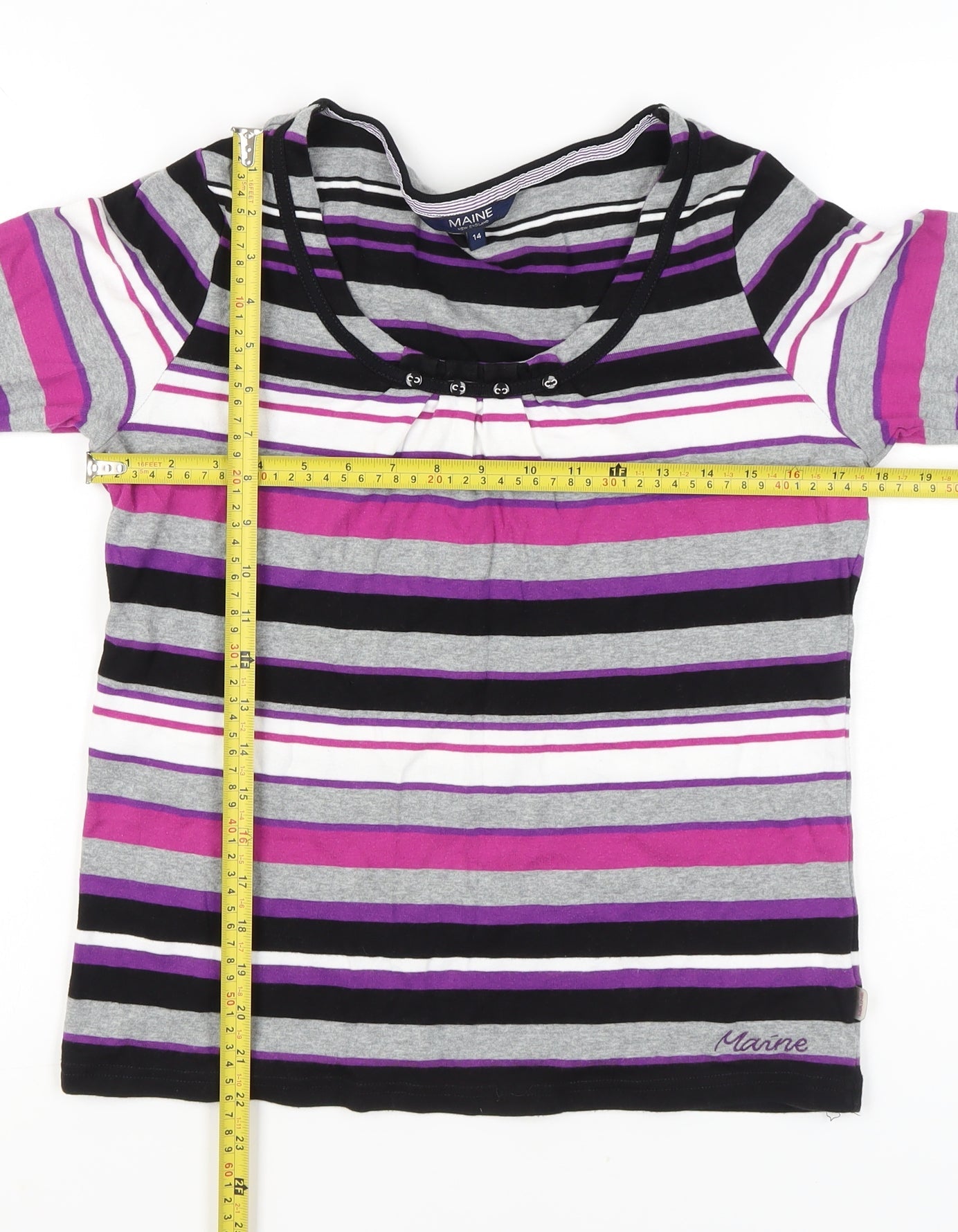 Maine New England Womens Purple Striped Cotton T-Shirt Size 14