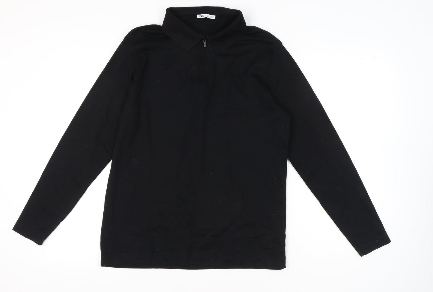 Zara Men's Black Long Sleeve Polo Shirt L Cotton Zip Collar