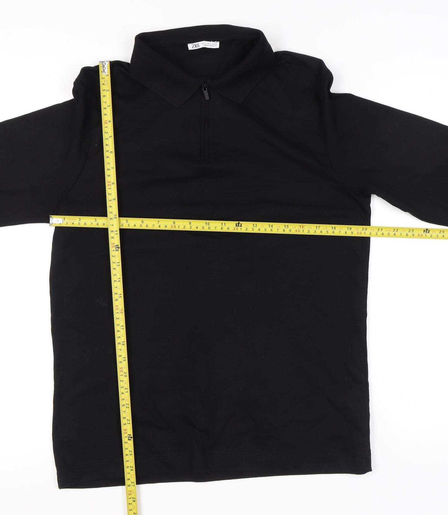 Zara Men's Black Long Sleeve Polo Shirt L Cotton Zip Collar