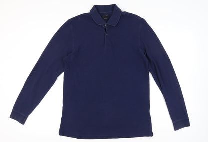 Massimo Dutti Men's Blue Long Sleeve Polo Shirt L 100% Cotton