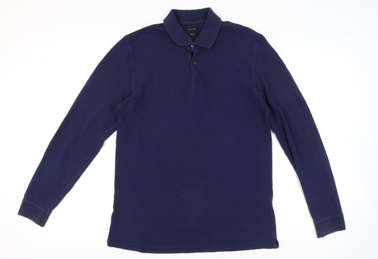 Massimo Dutti Men's Blue Long Sleeve Polo Shirt L 100% Cotton