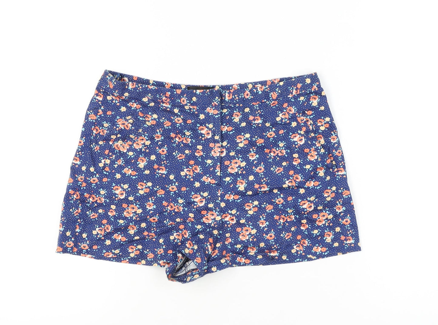 Topshop Women Blue Floral Shorts UK 12 High Rise Cotton Blend