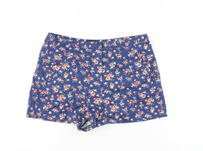 Topshop Women Blue Floral Shorts UK 12 High Rise Cotton Blend