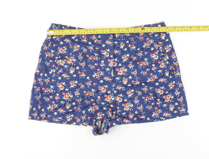 Topshop Women Blue Floral Shorts UK 12 High Rise Cotton Blend