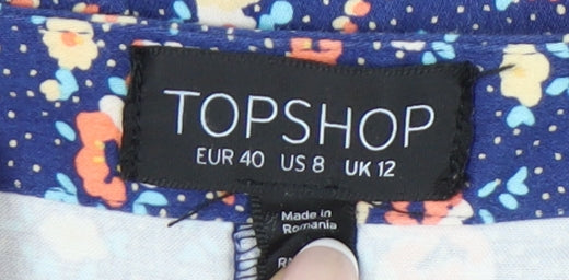 Topshop Women Blue Floral Shorts UK 12 High Rise Cotton Blend