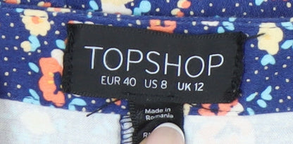 Topshop Women Blue Floral Shorts UK 12 High Rise Cotton Blend