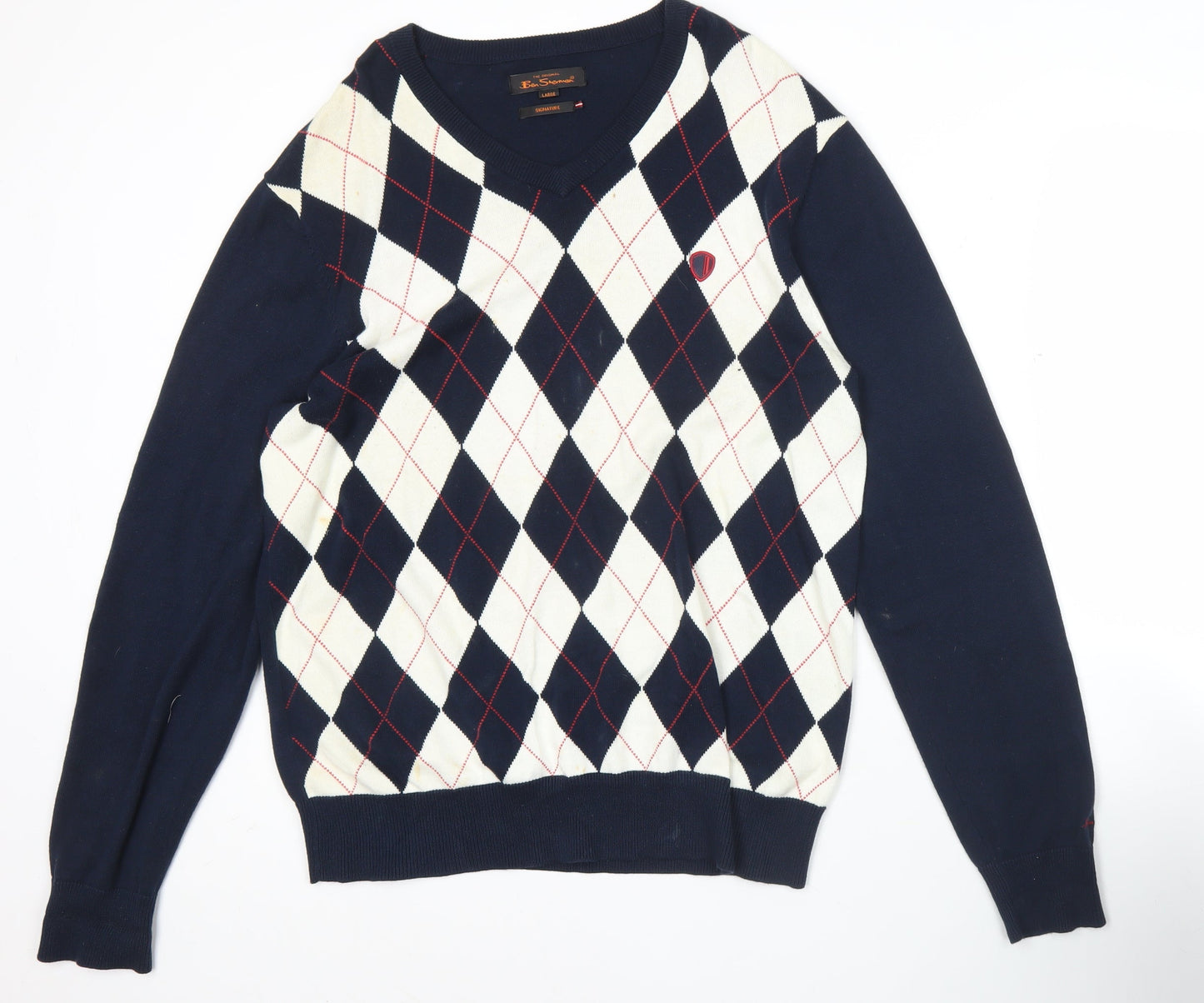 Ben Sherman Men’s Blue Argyle Cotton Jumper Large Crew Neck