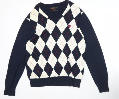 Ben Sherman Men’s Blue Argyle Cotton Jumper Large Crew Neck