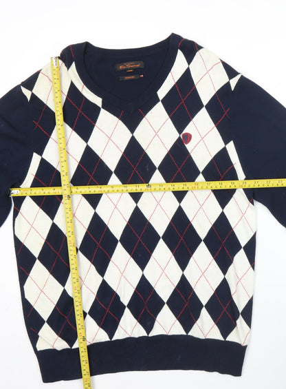 Ben Sherman Men’s Blue Argyle Cotton Jumper Large Crew Neck