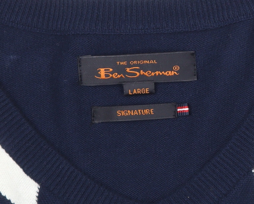 Ben Sherman Men’s Blue Argyle Cotton Jumper Large Crew Neck