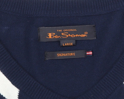 Ben Sherman Men’s Blue Argyle Cotton Jumper Large Crew Neck