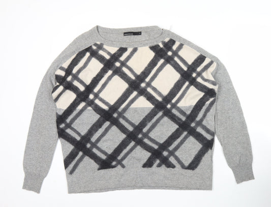 Karen Millen Women’s Grey Wool Blend Jumper Size 12 Crew Neck Checked Knit