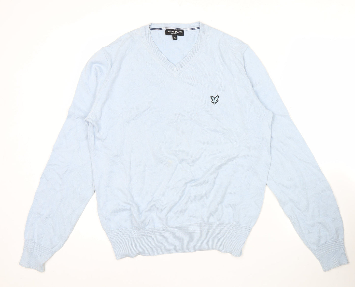 Lyle & Scott Men's Blue Cotton V-Neck Jumper Size M Long Sleeve