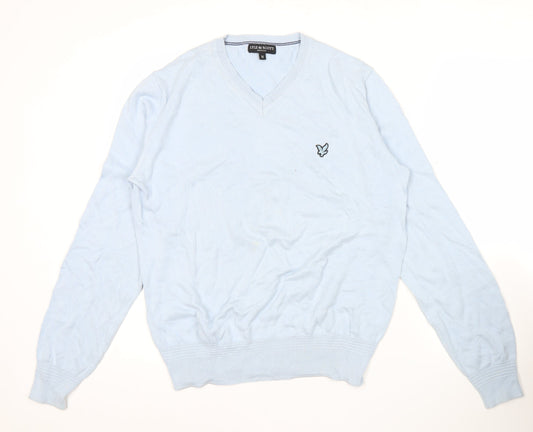 Lyle & Scott Men's Blue Cotton V-Neck Jumper Size M Long Sleeve