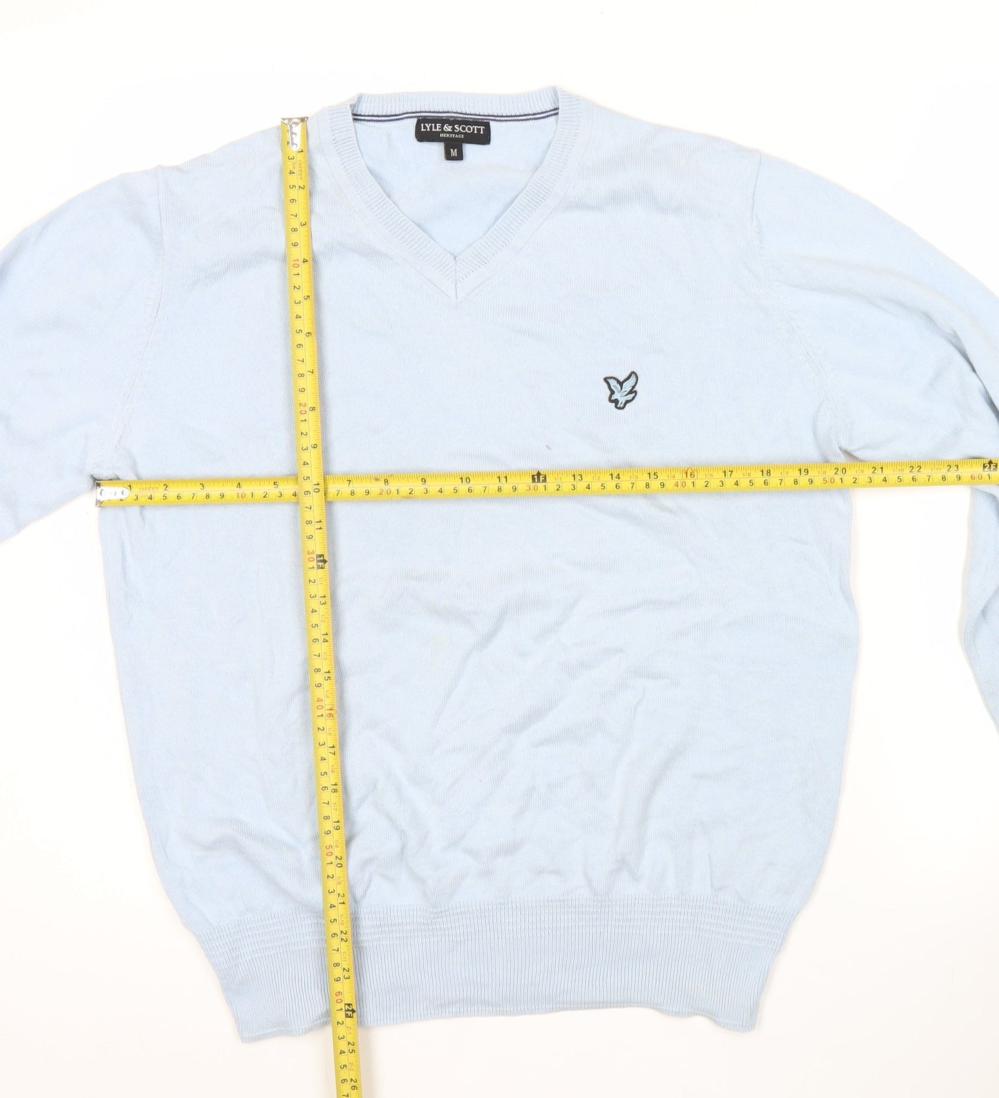 Lyle & Scott Men's Blue Cotton V-Neck Jumper Size M Long Sleeve