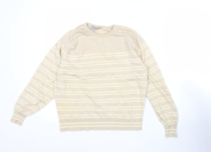 Jaeger Womens Beige Wool Jumper Size 12 Striped Crew Neck Pullover