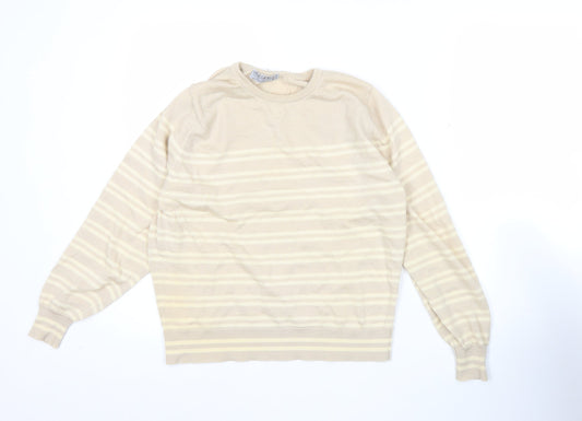 Jaeger Womens Beige Wool Jumper Size 12 Striped Crew Neck Pullover