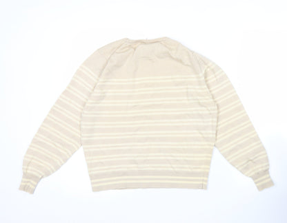 Jaeger Womens Beige Wool Jumper Size 12 Striped Crew Neck Pullover