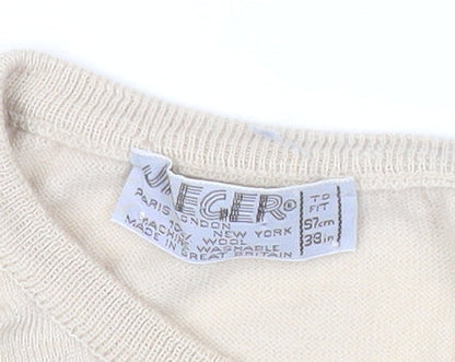 Jaeger Womens Beige Wool Jumper Size 12 Striped Crew Neck Pullover