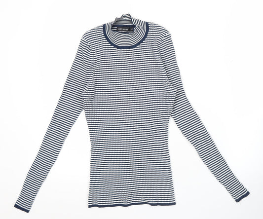 Karen Millen Women’s Blue White Striped Slim Fit Mock Neck Long Sleeve Top S